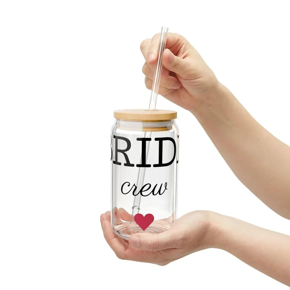 Bride Crew Sipper Glass 16oz | Mason Jar Style with Straw